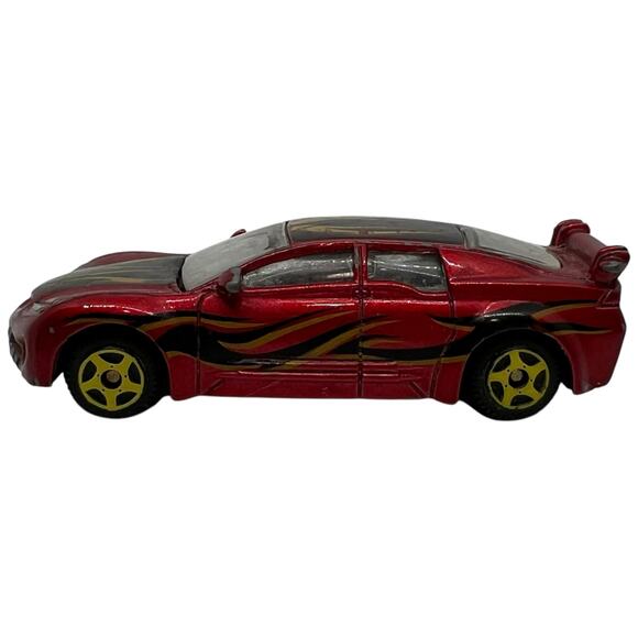 Red Diecast Toy Car with Yellow Flame Decals & Rear Spoiler 1:64 - Picture 2 of 7